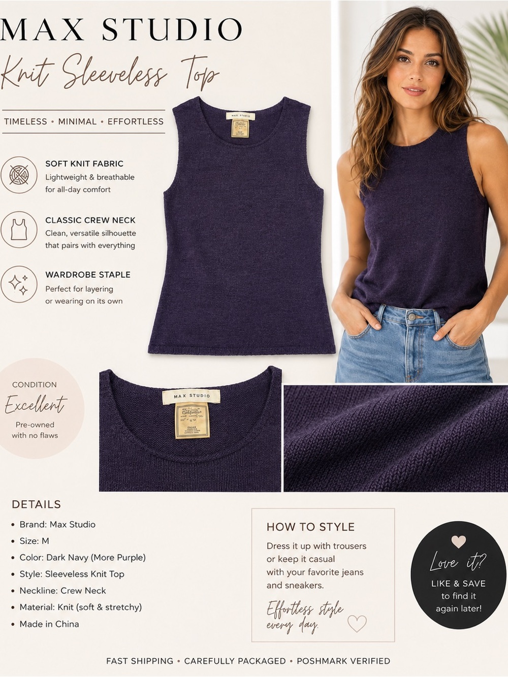 Vintage Max Studio Dark Purple/hint navy Knit Sleeveless Tank